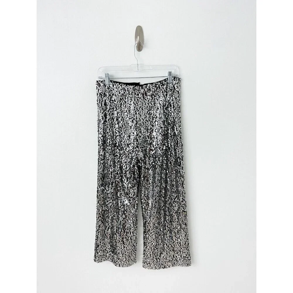 NWT Anthropologie Colette Cropped Wide-Leg Sequin Pants 28 Silver Cocktail $198_9